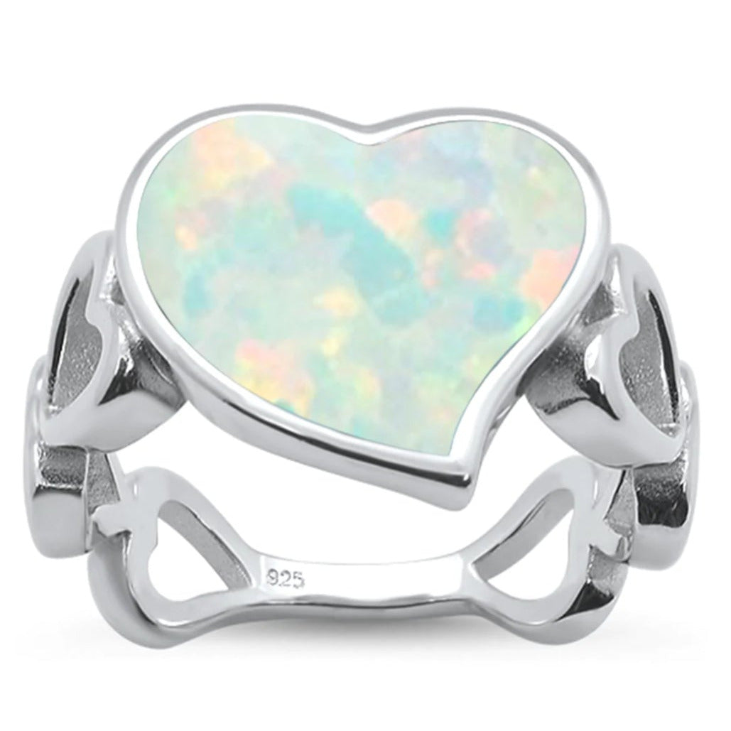 White Fire Opal Heart + Sterling Silver Ring - Sample Sale