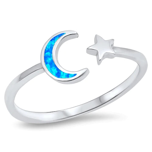 Blue Opal Open Moon + Silver Star Ring