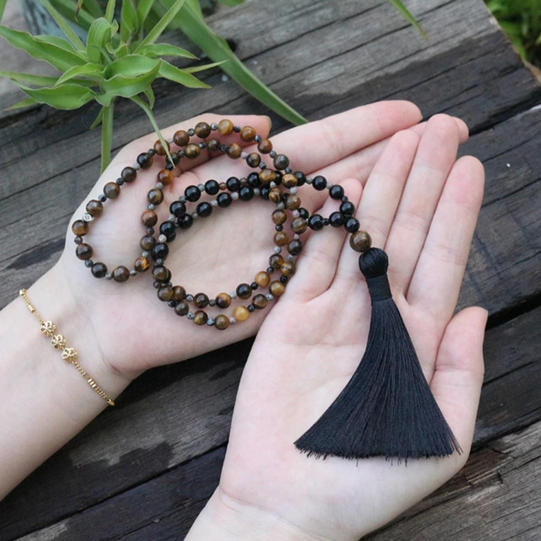 Black Silk Tassel Strength + Guidance Mini Mala Beads.