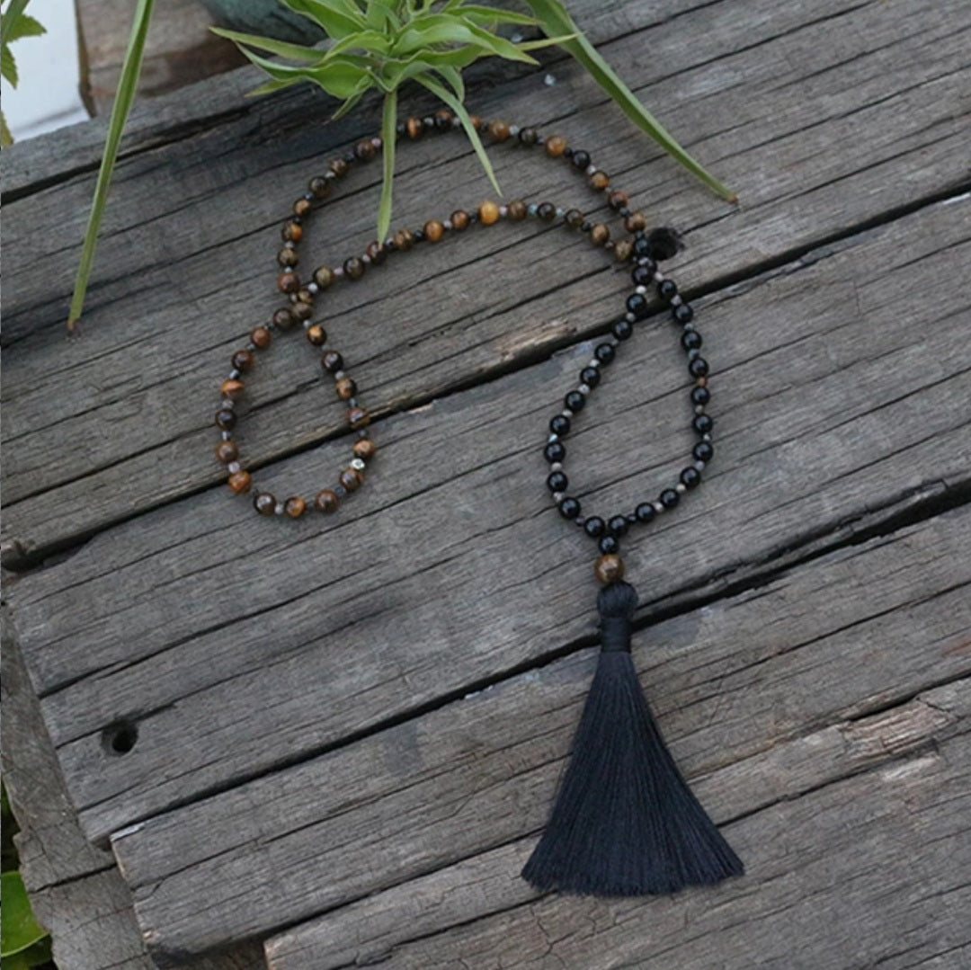 Black Silk Tassel Strength + Guidance Mini Mala Beads.
