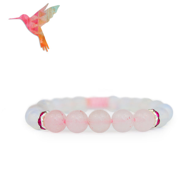 The Hummingbird | Rose Quartz + White Jade Mala Beads.