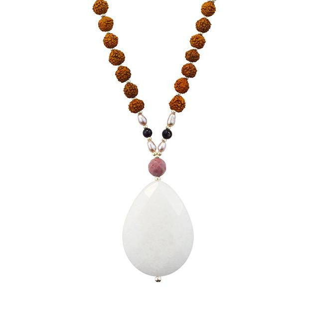 White Jade Highest Potential Mala Beads with White Jade, Rhodochrosite, Black Onyx, and Pearl hanging vertically on white background to show detail