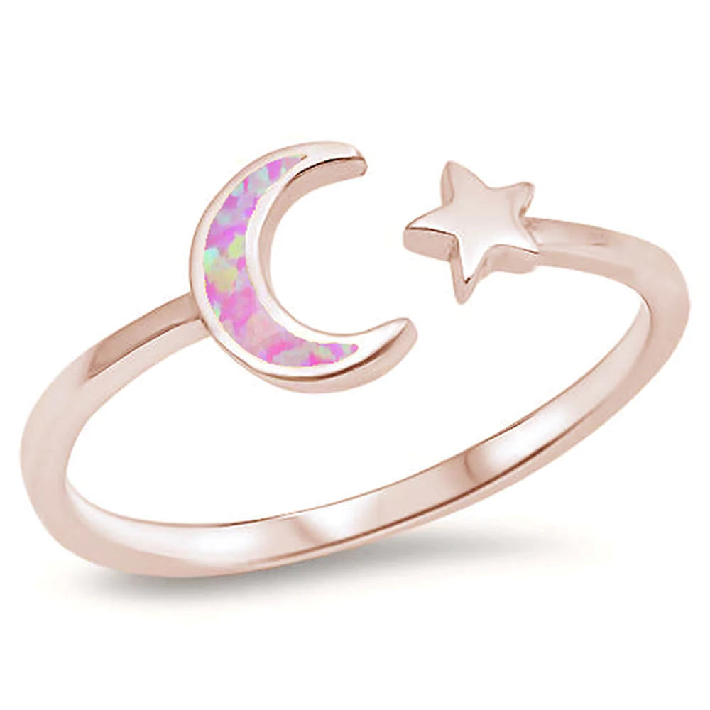 Pink Opal Open Moon + Rose Gold Star Ring