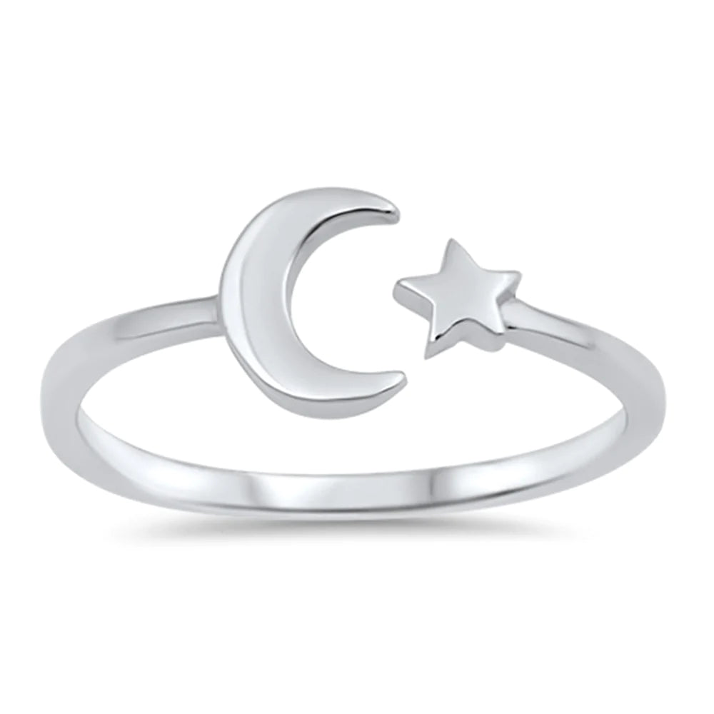 Sterling Silver Crescent Moon + Star Ring